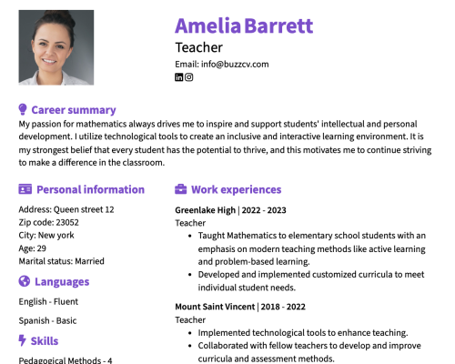 Example CV for a teacher that can be edited